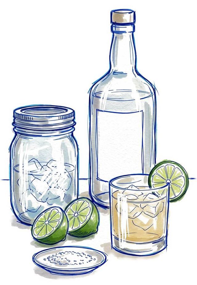 Ilustración de una barra casera: frasco con hielo, botella, limones y un trago servido