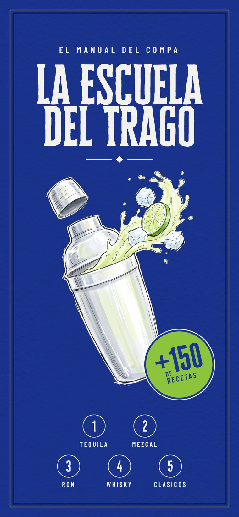 Portada del libro La Escuela del Trago: una coctelera con limón y hielo sobre fondo azul