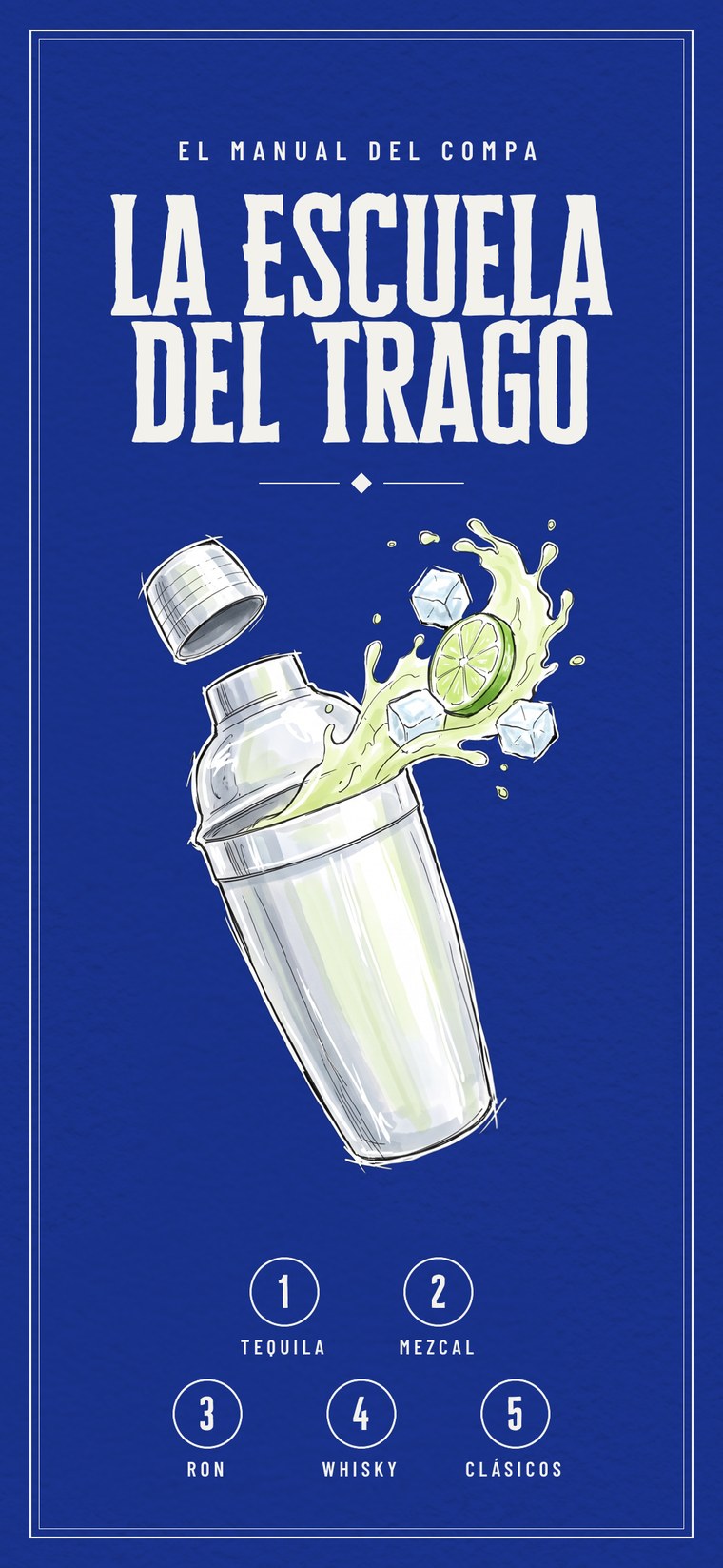 Portada del libro La Escuela del Trago: una coctelera con limón y hielo sobre fondo azul